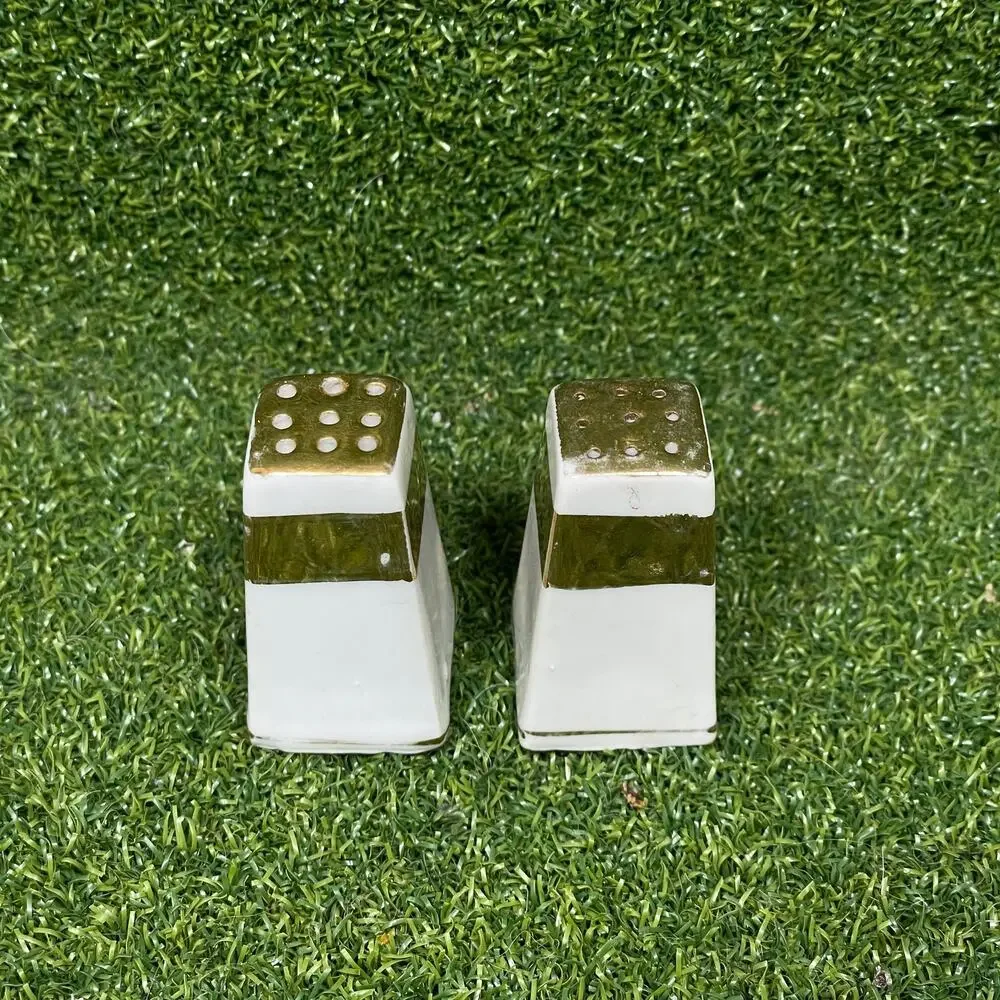 Vintage Pair White Gold Ceramic Miniature Salt and Pepper Shakers